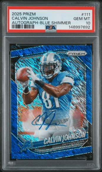 2025 Panini Prizm Calvin Johnson Autograph Blue Shimmer #111 — PSA 10 GEM MT
