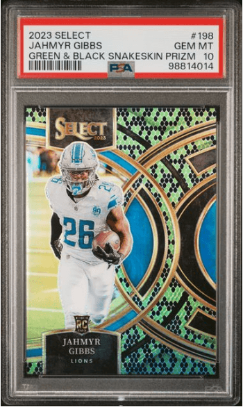 2023 Panini Select Jahmyr Gibbs RC #198 Green & Black Snakeskin Prizm — PSA 10